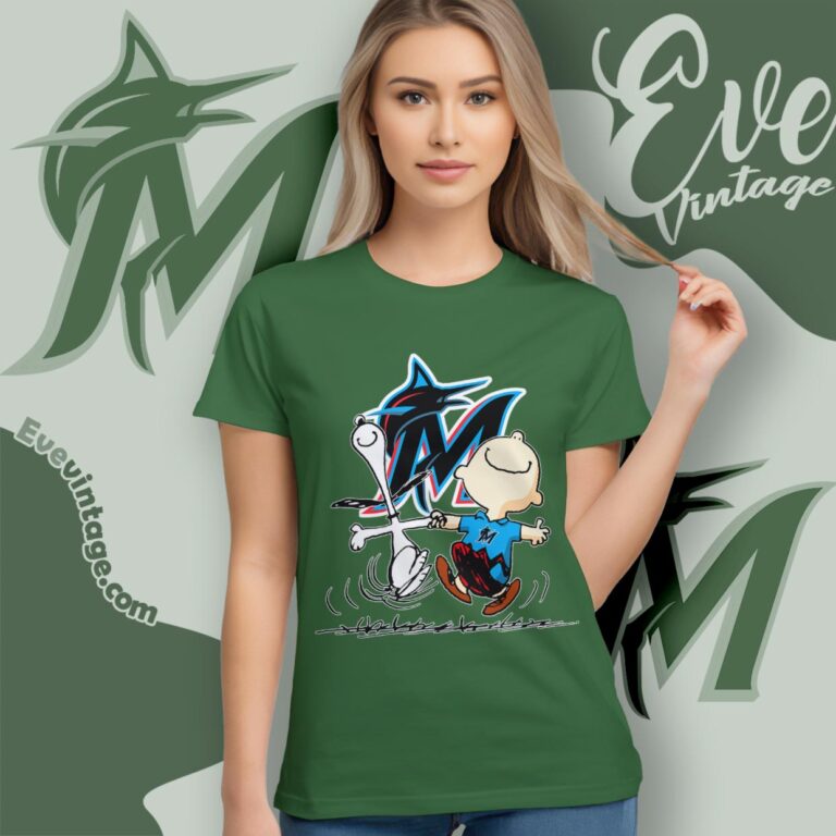 Miami Marlins Charlie Brown Snoopy Happy Dancing Shirt Women T Shirt Miami Marlins Charlie Brown Snoopy Happy Dancing Shirt Women T Shirt