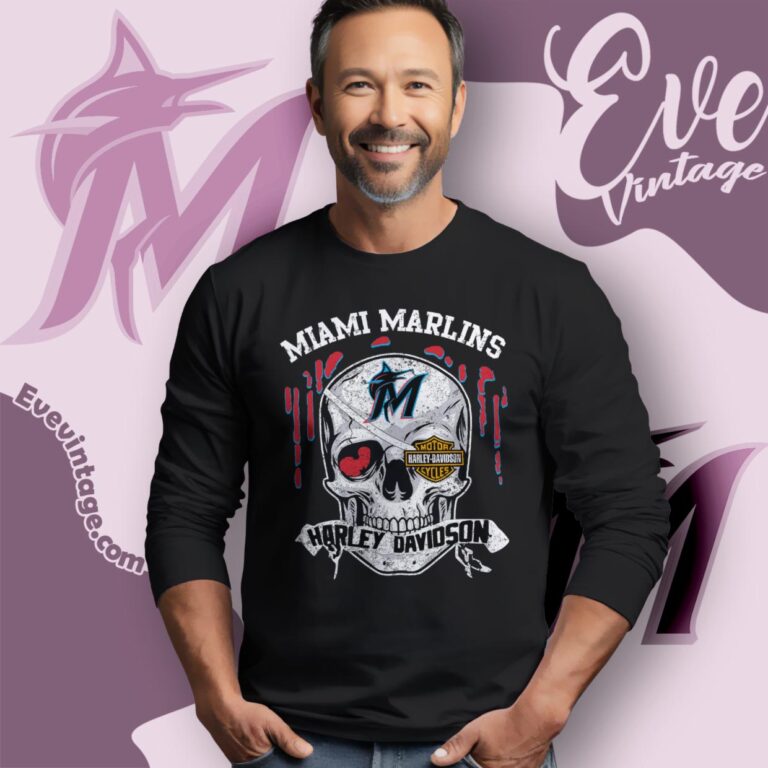 Miami Marlins Harley Davidson Skull Shirt Long Sleeve Tee Miami Marlins Harley Davidson Skull Shirt Long Sleeve Tee