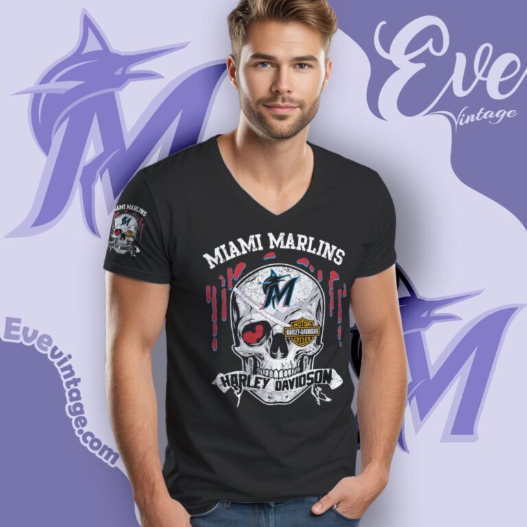 Miami Marlins Harley Davidson Skull Shirt V Neck TShirt Miami Marlins Harley Davidson Skull Shirt V Neck TShirt