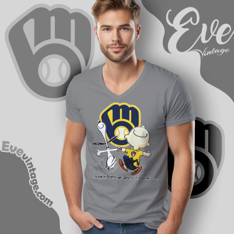 Milwaukee Brewers Charlie Brown Snoopy Happy Dancing Shirt V Neck TShirt Milwaukee Brewers Charlie Brown Snoopy Happy Dancing Shirt V Neck TShirt