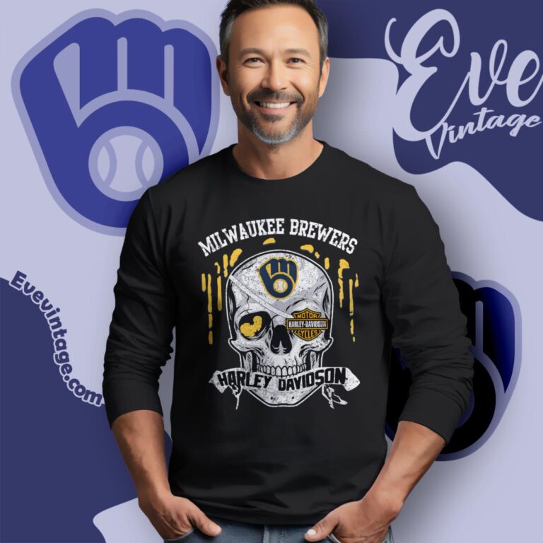 Milwaukee Brewers Harley Davidson Skull Shirt Long Sleeve Tee Milwaukee Brewers Harley Davidson Skull Shirt Long Sleeve Tee