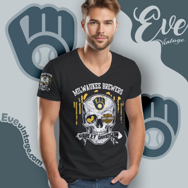 Milwaukee Brewers Harley Davidson Skull Shirt V Neck TShirt Milwaukee Brewers Harley Davidson Skull Shirt V Neck TShirt