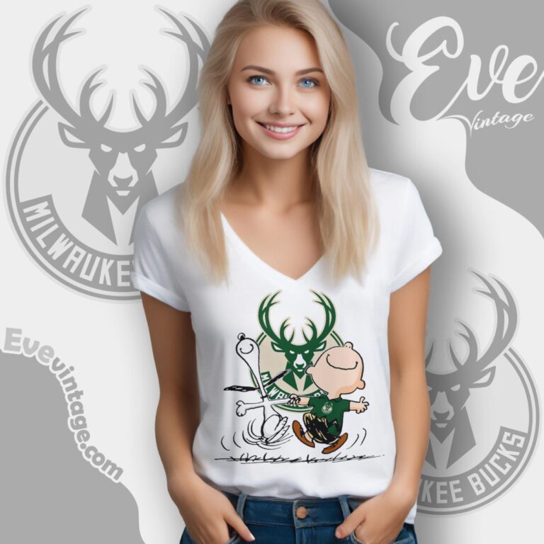 Milwaukee Bucks Charlie Brown Snoopy Happy Dancing Shirt V Neck TShirt Milwaukee Bucks Charlie Brown Snoopy Happy Dancing Shirt V Neck TShirt