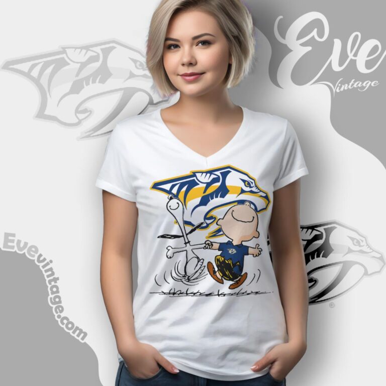 Nashville Predators Charlie Brown Snoopy Happy Dancing Shirt V Neck TShirt Nashville Predators Charlie Brown Snoopy Happy Dancing Shirt V Neck TShirt