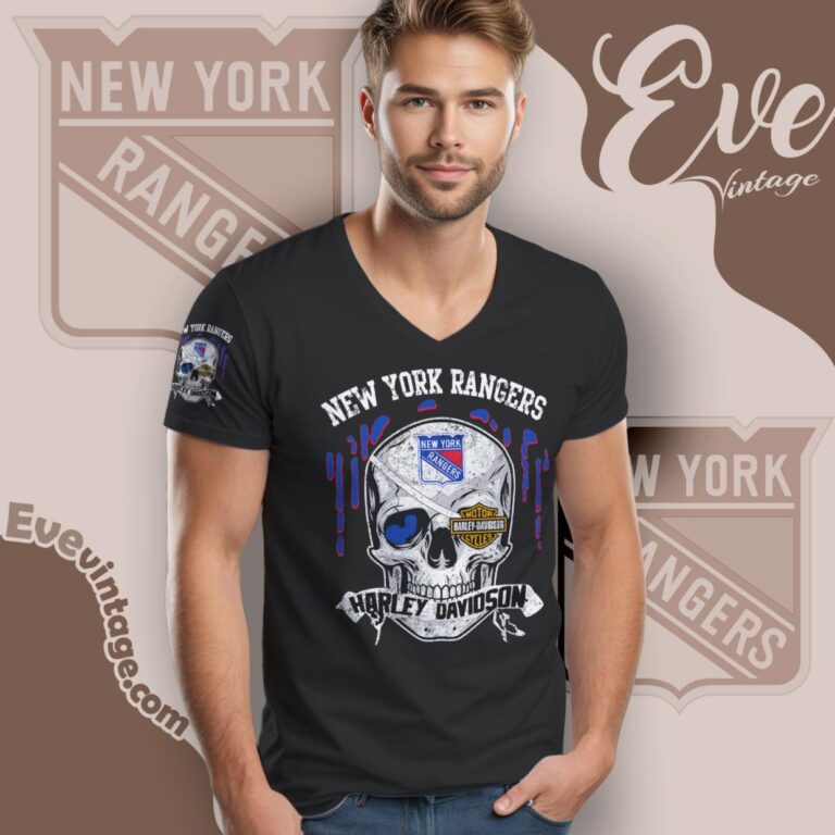 New York Rangers Harley Davidson Skull Shirt V Neck TShirt New York Rangers Harley Davidson Skull Shirt V Neck TShirt