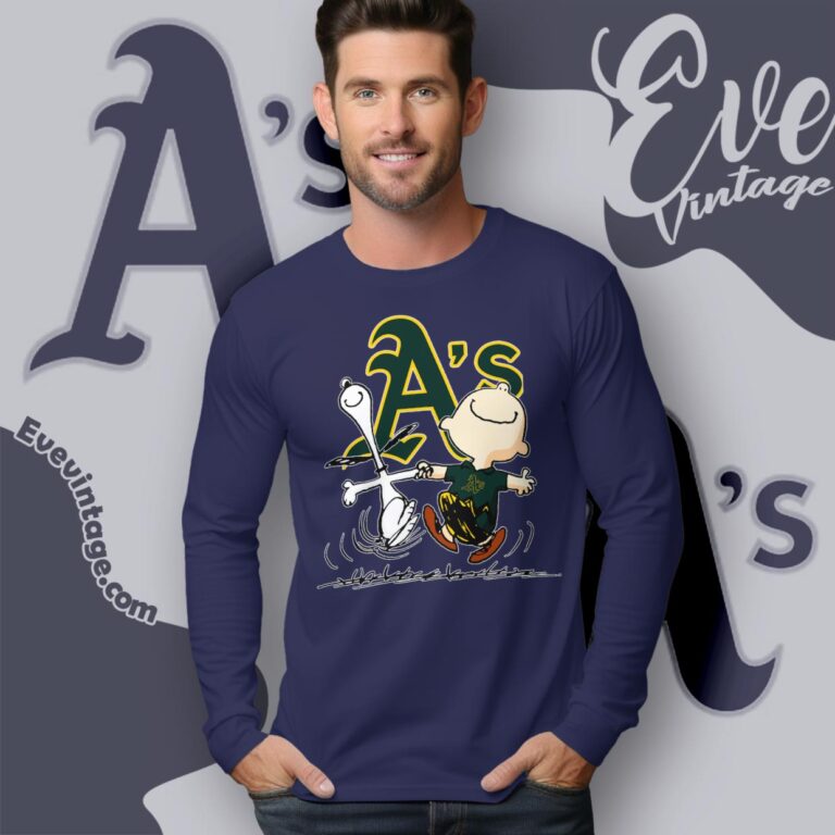 Oakland Athletics Charlie Brown Snoopy Happy Dancing Shirt Long Sleeve Tee Oakland Athletics Charlie Brown Snoopy Happy Dancing Shirt Long Sleeve Tee