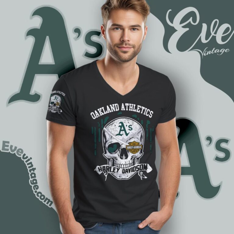 Oakland Athletics Harley Davidson Skull V Neck TShirt Oakland Athletics Harley Davidson Skull V Neck TShirt