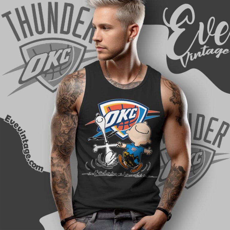 Oklahoma City Thunder Charlie Brown Snoopy Happy Dancing Shirt Tank Top Racerback Oklahoma City Thunder Charlie Brown Snoopy Happy Dancing Shirt Tank Top Racerback