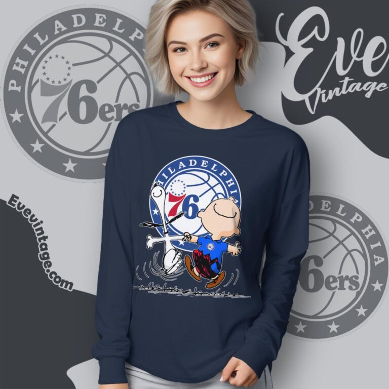 Philadelphia 76ers Charlie Brown Snoopy Happy Dancing Shirt Long Sleeve Tee Philadelphia 76ers Charlie Brown Snoopy Happy Dancing Shirt Long Sleeve Tee