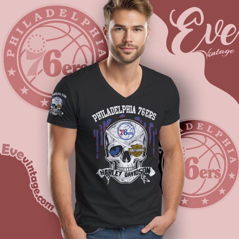 Philadelphia 76ers Harley Davidson Skull Shirt V Neck TShirt Philadelphia 76ers Harley Davidson Skull Shirt V Neck TShirt