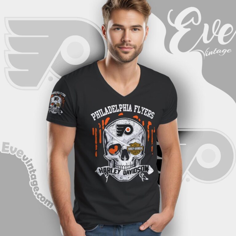 Philadelphia Flyers Harley Davidson Skull Shirt V Neck TShirt Philadelphia Flyers Harley Davidson Skull Shirt V Neck TShirt