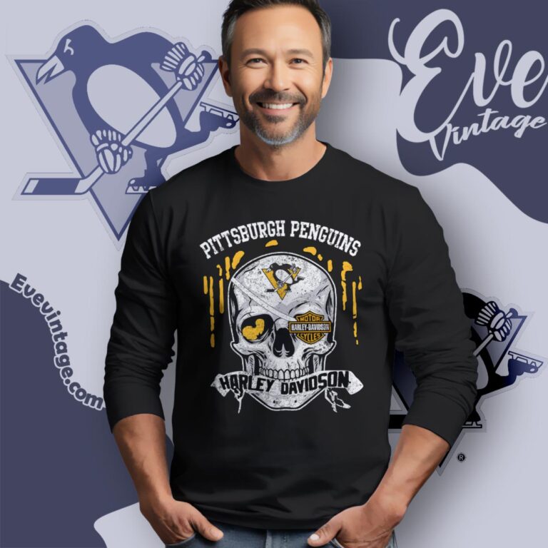 Pittsburgh Penguins Harley Davidson Skull Shirt Long Sleeve Tee Pittsburgh Penguins Harley Davidson Skull Shirt Long Sleeve Tee