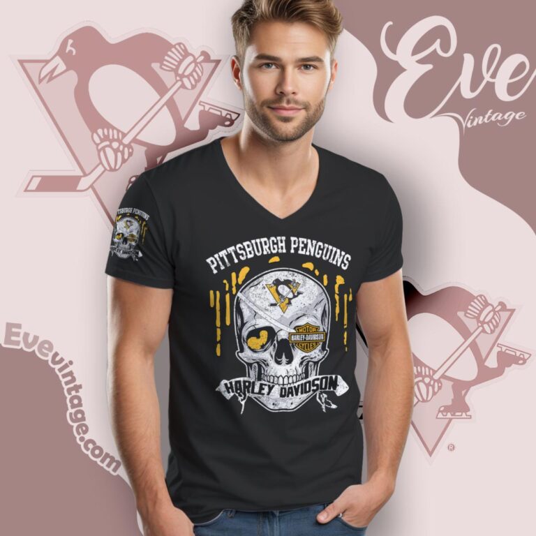 Pittsburgh Penguins Harley Davidson Skull Shirt V Neck TShirt Pittsburgh Penguins Harley Davidson Skull Shirt V Neck TShirt