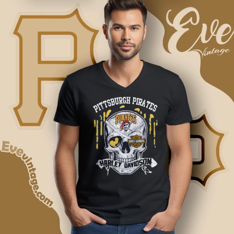 Pittsburgh Pirates Harley Davidson Skull V Neck TShirt Pittsburgh Pirates Harley Davidson Skull V Neck TShirt