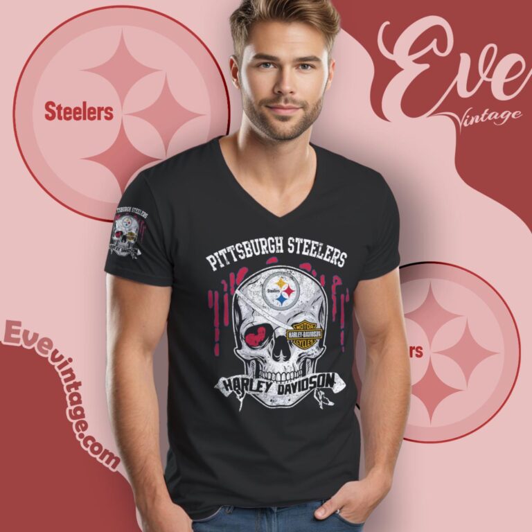Pittsburgh Steelers Harley Davidson Skull Shirt V Neck TShirt Pittsburgh Steelers Harley Davidson Skull Shirt V Neck TShirt