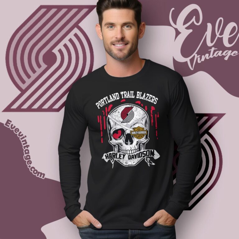 Portland Trail Blazers Harley Davidson Skull Shirt Long Sleeve Tee Portland Trail Blazers Harley Davidson Skull Shirt Long Sleeve Tee