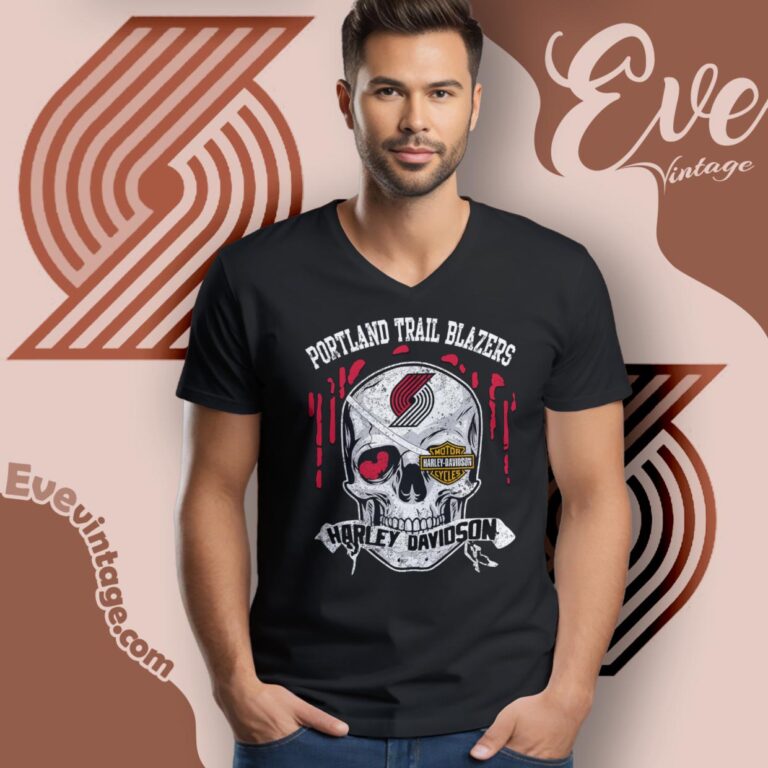 Portland Trail Blazers Harley Davidson Skull Shirt V Neck TShirt Portland Trail Blazers Harley Davidson Skull Shirt V Neck TShirt