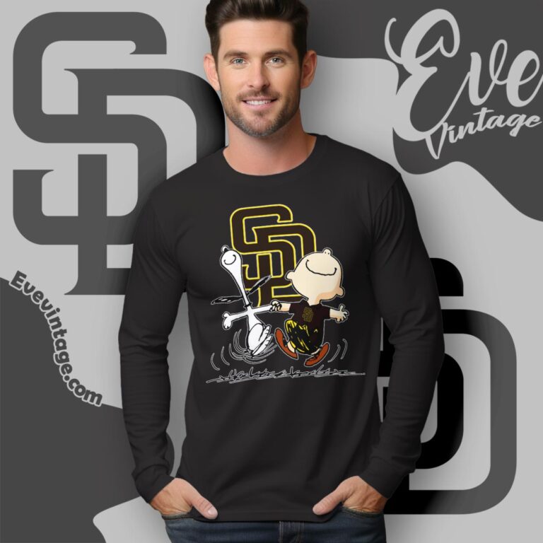 San Diego Padres Charlie Brown Snoopy Happy Dancing Shirt Long Sleeve Tee San Diego Padres Charlie Brown Snoopy Happy Dancing Shirt Long Sleeve Tee