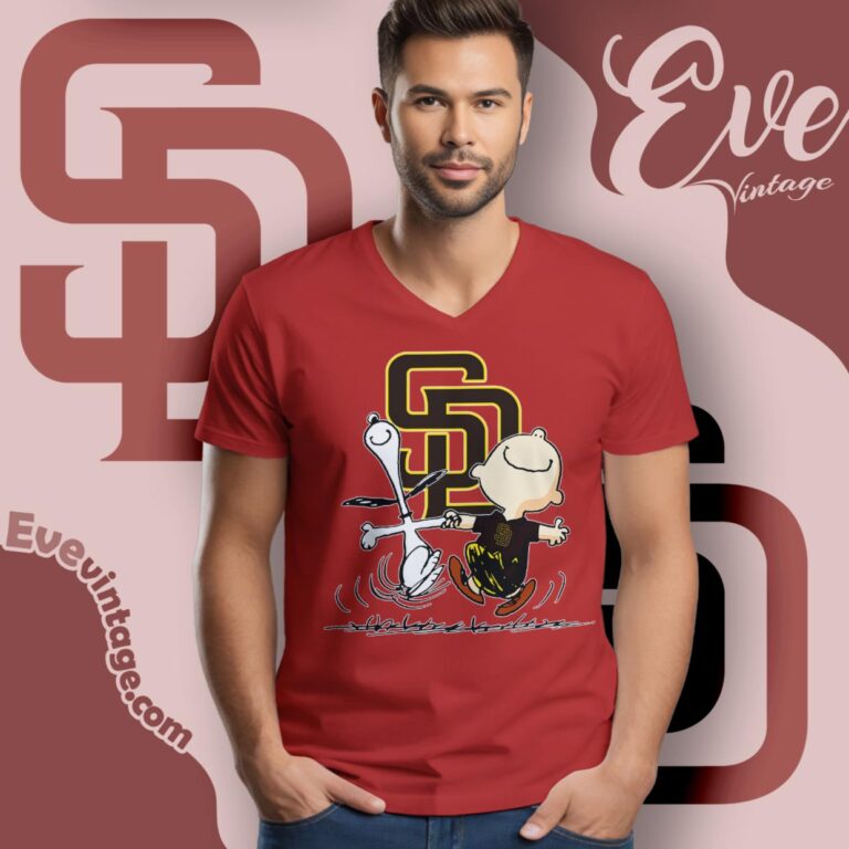 San Diego Padres Charlie Brown Snoopy Happy Dancing Shirt V Neck TShirt San Diego Padres Charlie Brown Snoopy Happy Dancing Shirt V Neck TShirt