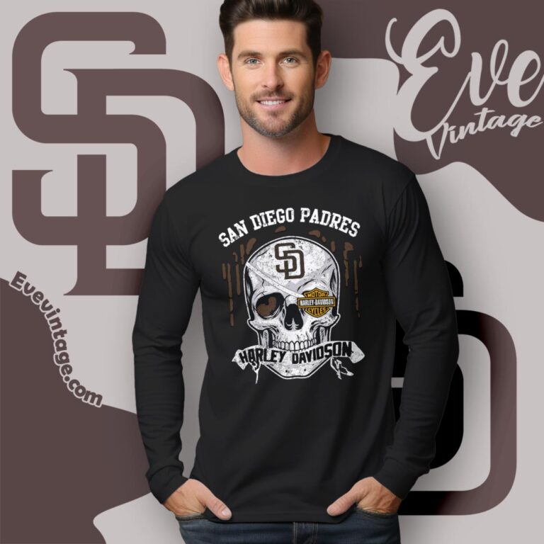 San Diego Padres Harley Davidson Skull Long Sleeve Tee San Diego Padres Harley Davidson Skull Long Sleeve Tee