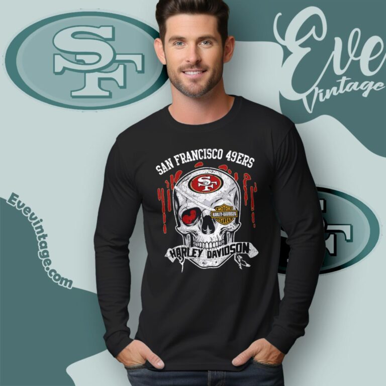 San Francisco 49ers Harley Davidson Skull Shirt Long Sleeve Tee San Francisco 49ers Harley Davidson Skull Shirt Long Sleeve Tee