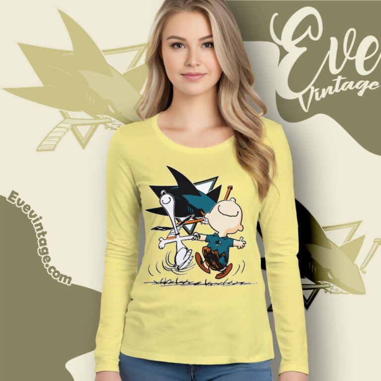 San Jose Sharks Charlie Brown Snoopy Happy Dancing Shirt Long Sleeve Tee San Jose Sharks Charlie Brown Snoopy Happy Dancing Shirt Long Sleeve Tee