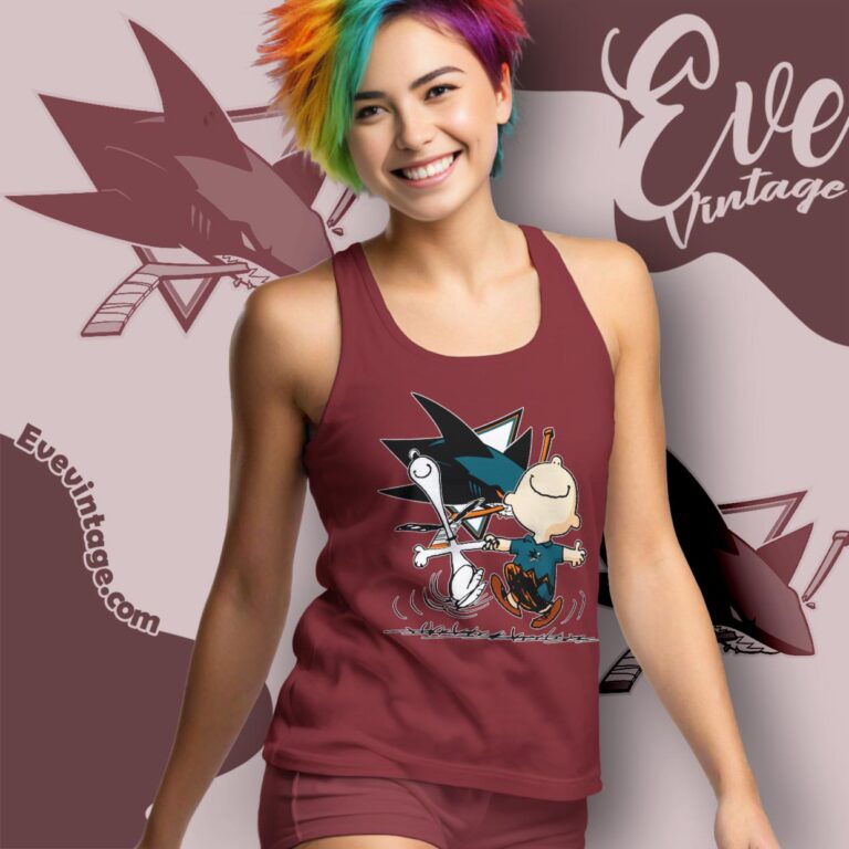 San Jose Sharks Charlie Brown Snoopy Happy Dancing Shirt Tank Top Racerback San Jose Sharks Charlie Brown Snoopy Happy Dancing Shirt Tank Top Racerback
