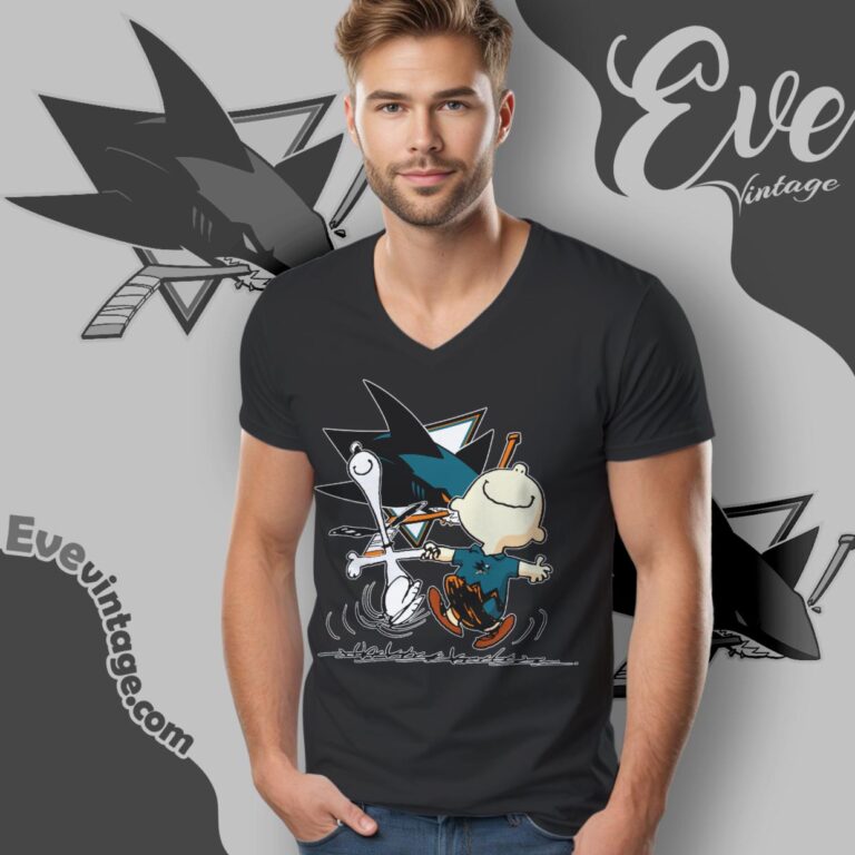 San Jose Sharks Charlie Brown Snoopy Happy Dancing Shirt V Neck TShirt San Jose Sharks Charlie Brown Snoopy Happy Dancing Shirt V Neck TShirt