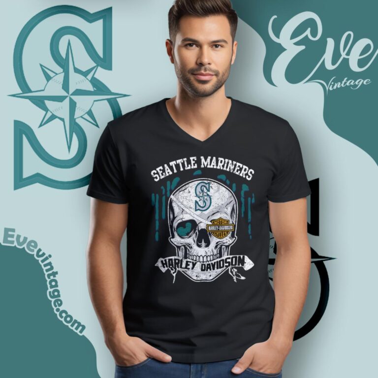 Seattle Mariners Harley Davidson Skull V Neck TShirt Seattle Mariners Harley Davidson Skull V Neck TShirt