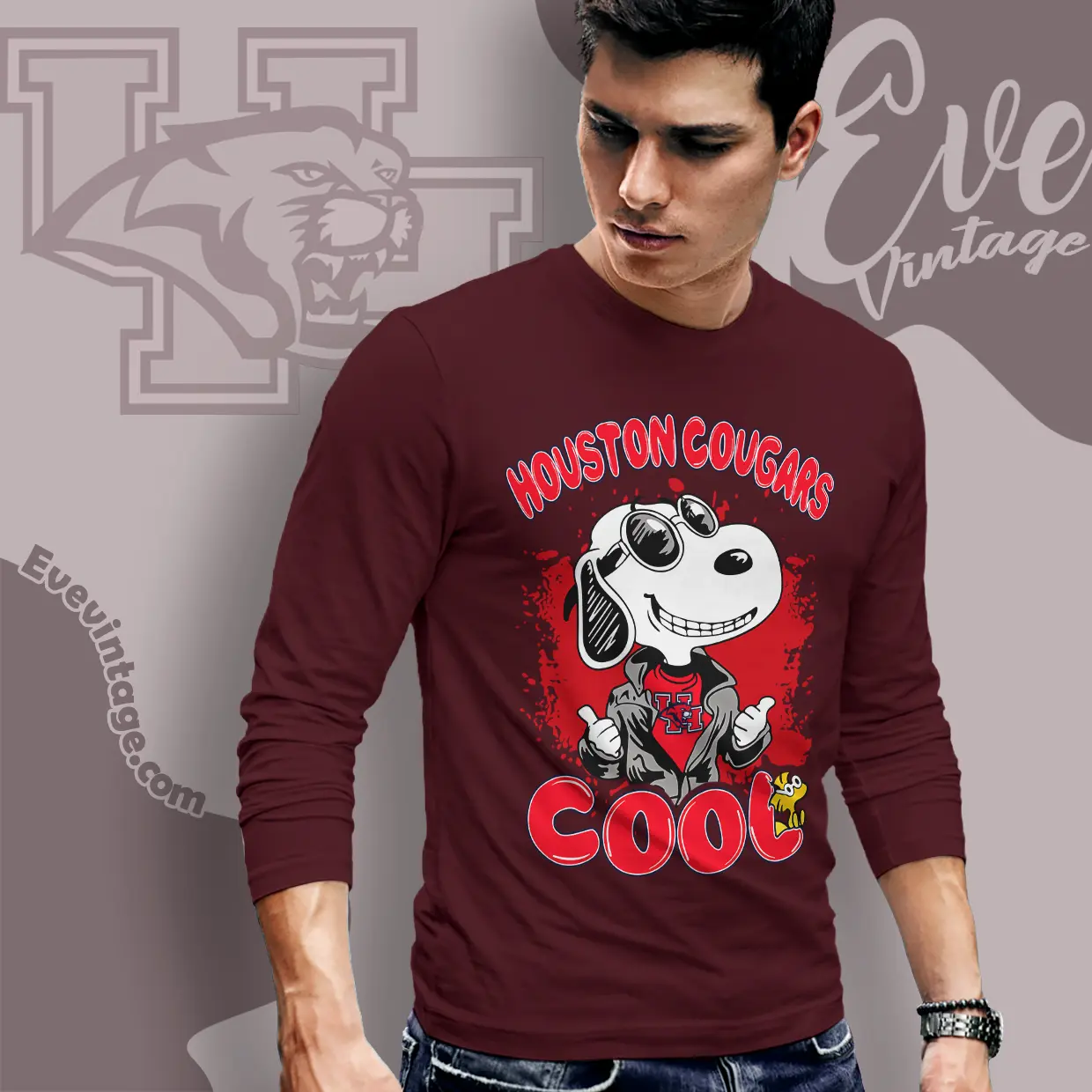Snoopy Houston Cougars Cool Long Sleeve Tee Snoopy Houston Cougars Cool Long Sleeve Tee