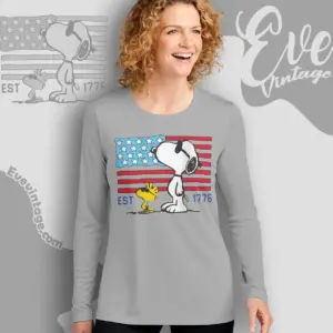 Snoopy Woodstock 250th Anniversary Usa Flag Long Sleeve Tee