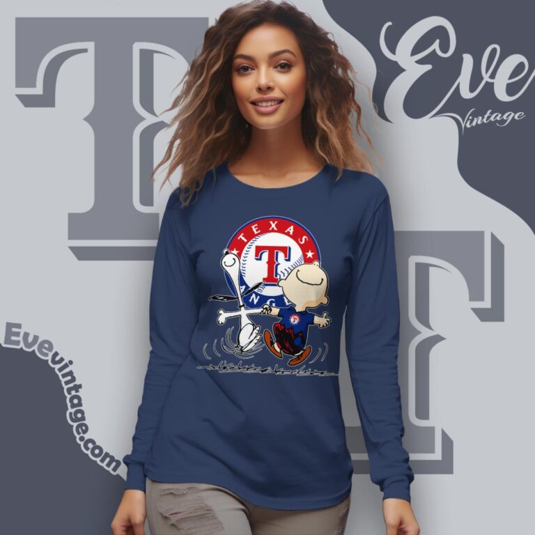 Texas Rangers Charlie Brown Snoopy Happy Dancing Shirt Long Sleeve Tee Texas Rangers Charlie Brown Snoopy Happy Dancing Shirt Long Sleeve Tee