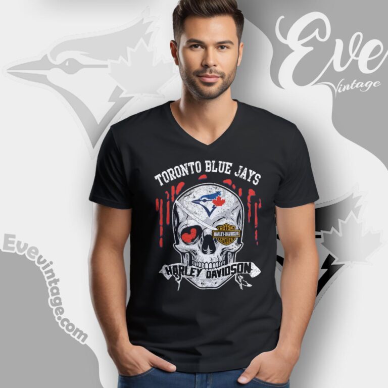 Toronto Blue Jays Harley Davidson Skull V Neck TShirt Toronto Blue Jays Harley Davidson Skull V Neck TShirt