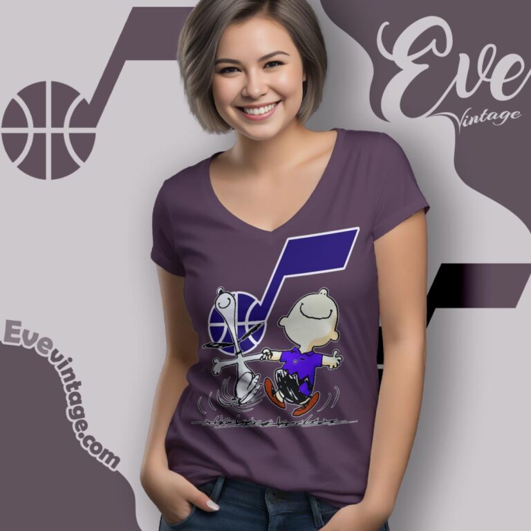 Utah Jazz Charlie Brown Snoopy Happy Dancing Shirt V Neck TShirt Utah Jazz Charlie Brown Snoopy Happy Dancing Shirt V Neck TShirt