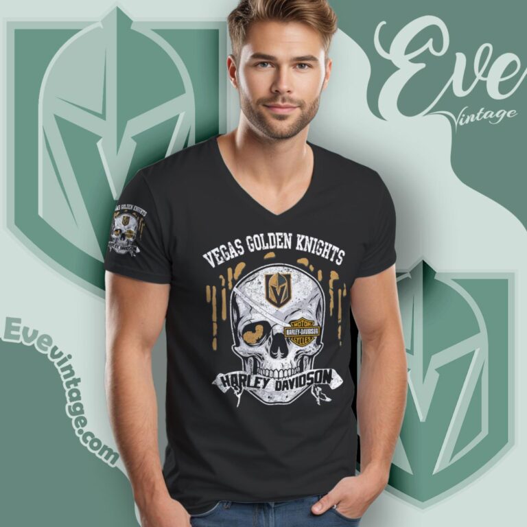 Vegas Golden Knights Harley Davidson Skull Shirt V Neck TShirt Vegas Golden Knights Harley Davidson Skull Shirt V Neck TShirt
