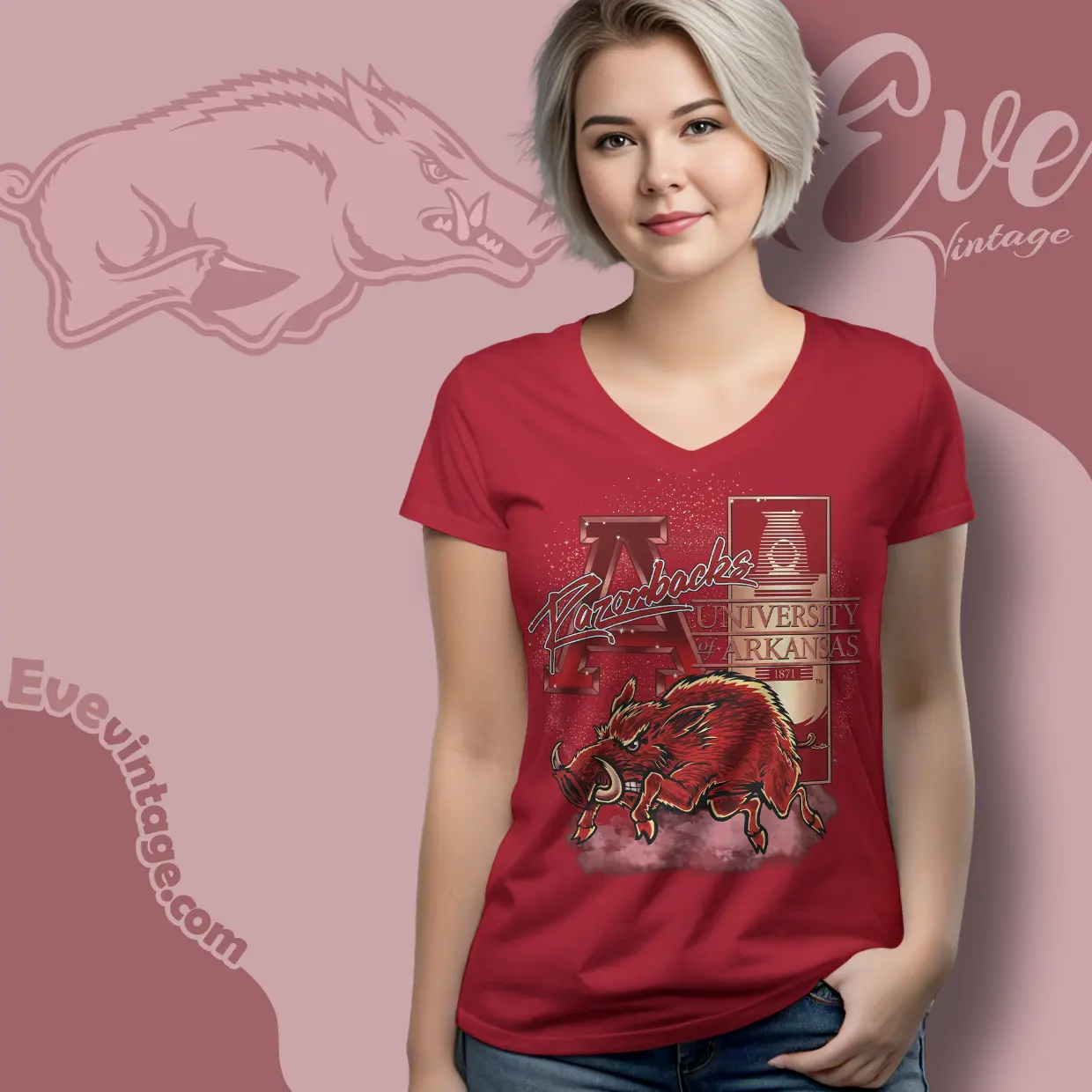 Vintage Arkansas Razorbacks Uark Mascot V Neck TShirt Vintage Arkansas Razorbacks Uark Mascot V Neck TShirt