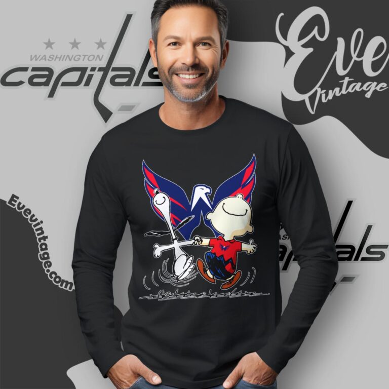 Washington Capitals Charlie Brown Snoopy Happy Dancing Shirt Long Sleeve Tee Washington Capitals Charlie Brown Snoopy Happy Dancing Shirt Long Sleeve Tee