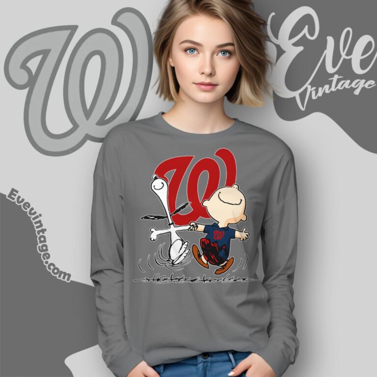 Washington Nationals Charlie Brown Snoopy Happy Dancing Shirt Long Sleeve Tee Washington Nationals Charlie Brown Snoopy Happy Dancing Shirt Long Sleeve Tee