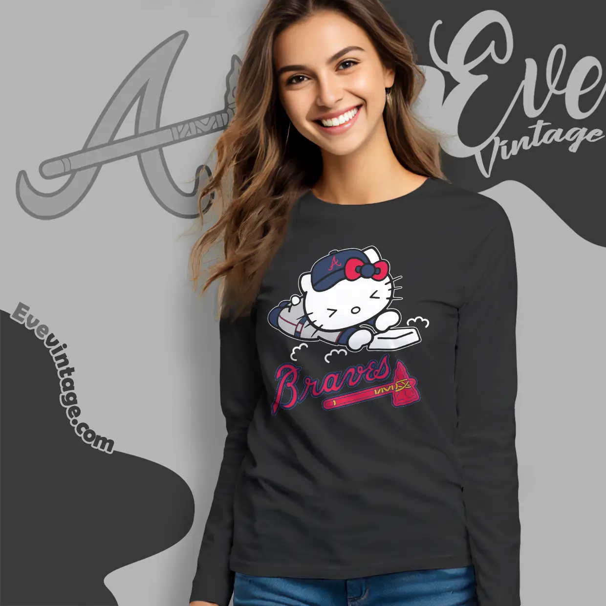 atlanta braves hello kitty sliding into home long sleeve tee atlanta braves hello kitty sliding into home long sleeve tee