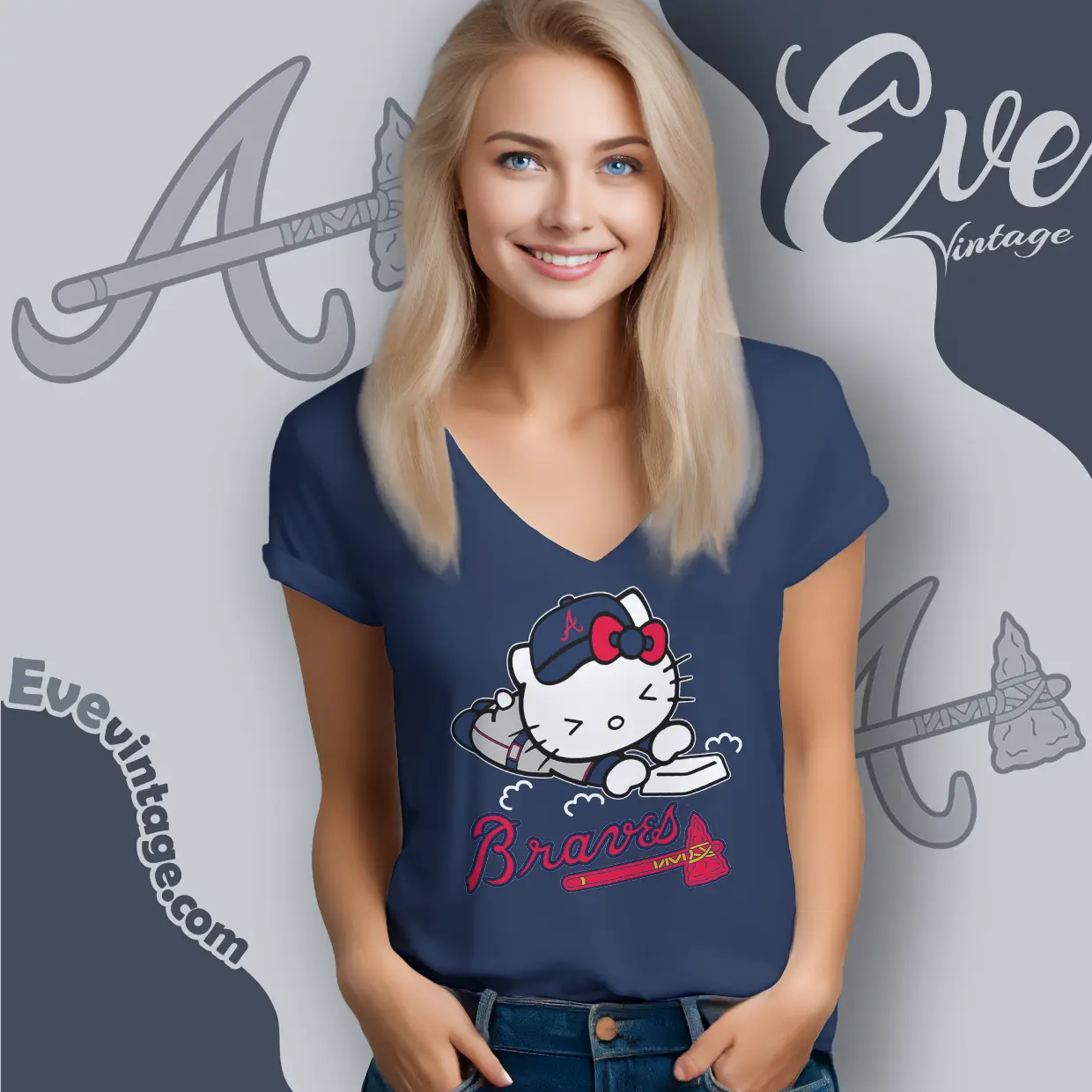 atlanta braves hello kitty sliding into home v neck tshirt atlanta braves hello kitty sliding into home v neck tshirt