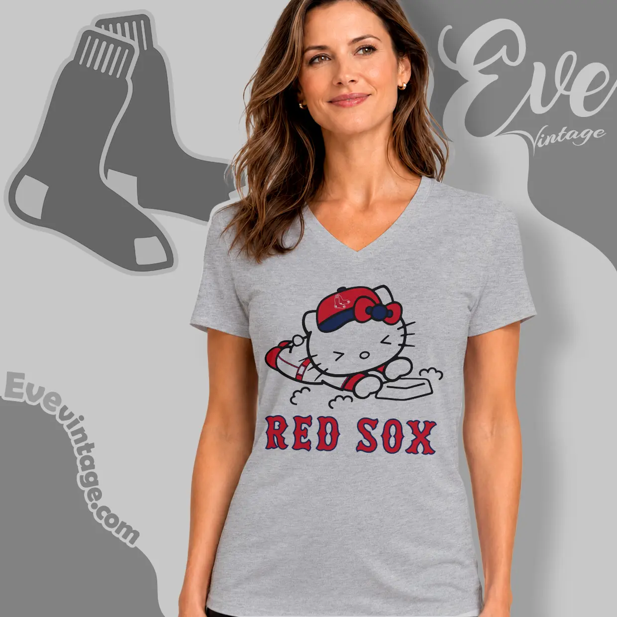boston red sox hello kitty sliding into home v neck tshirt boston red sox hello kitty sliding into home v neck tshirt