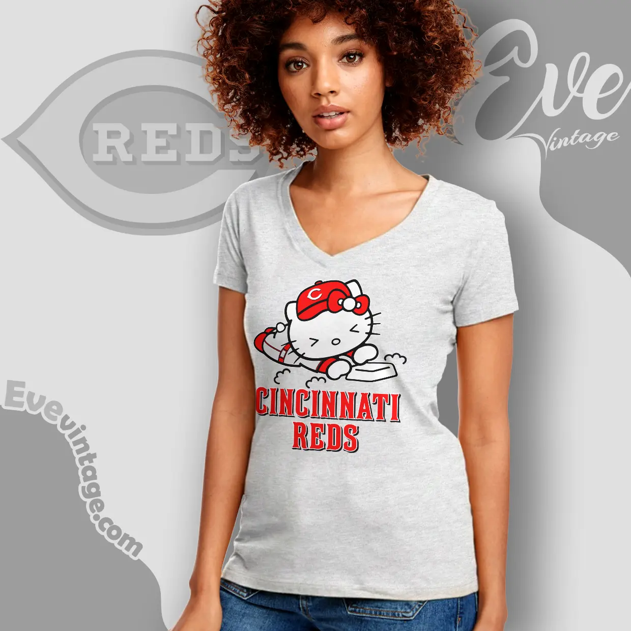 cincinnati reds hello kitty sliding into home v neck tshirt cincinnati reds hello kitty sliding into home v neck tshirt
