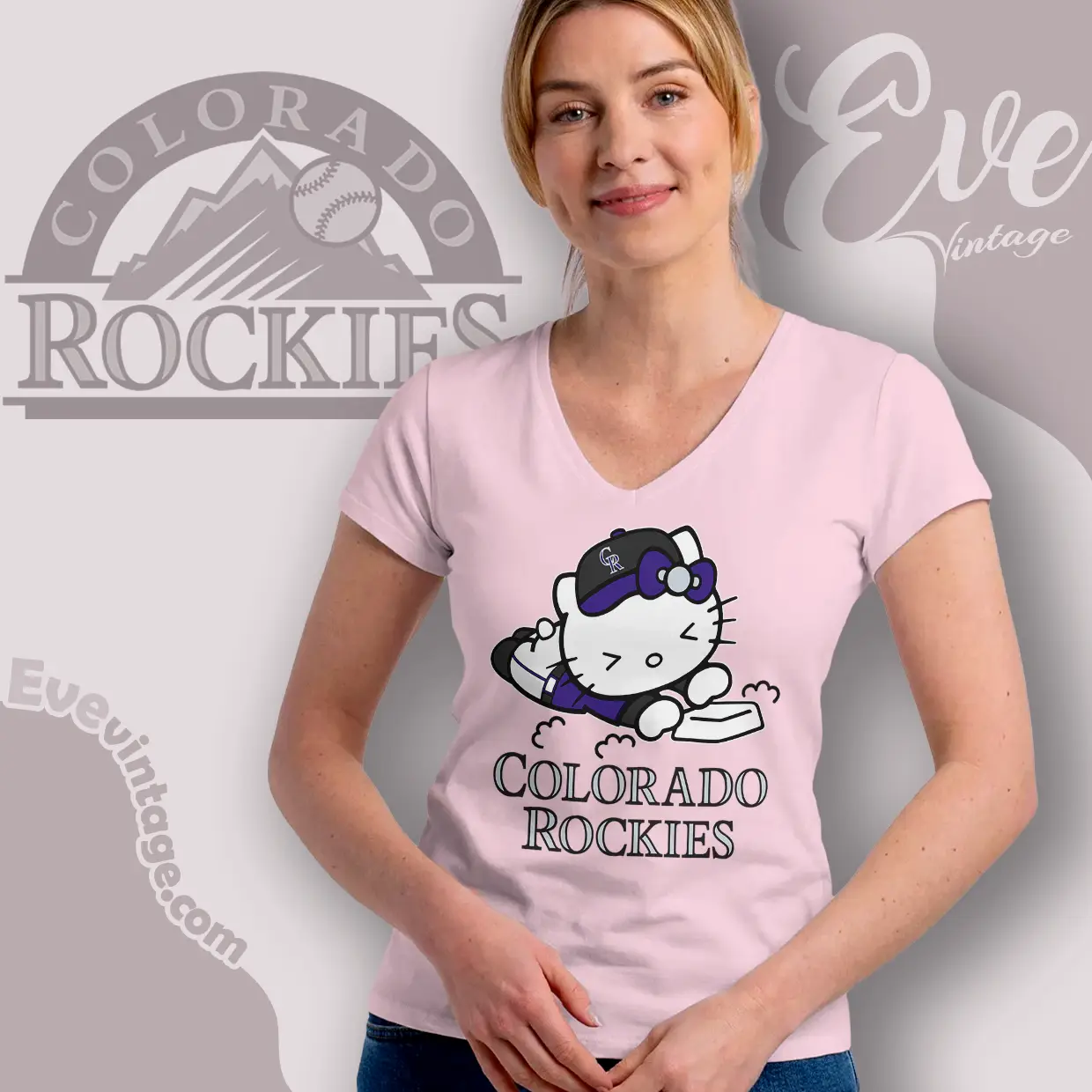colorado rockies hello kitty sliding into home v neck tshirt colorado rockies hello kitty sliding into home v neck tshirt