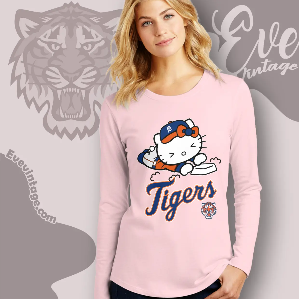 detroit tigers hello kitty sliding into home long sleeve tee detroit tigers hello kitty sliding into home long sleeve tee