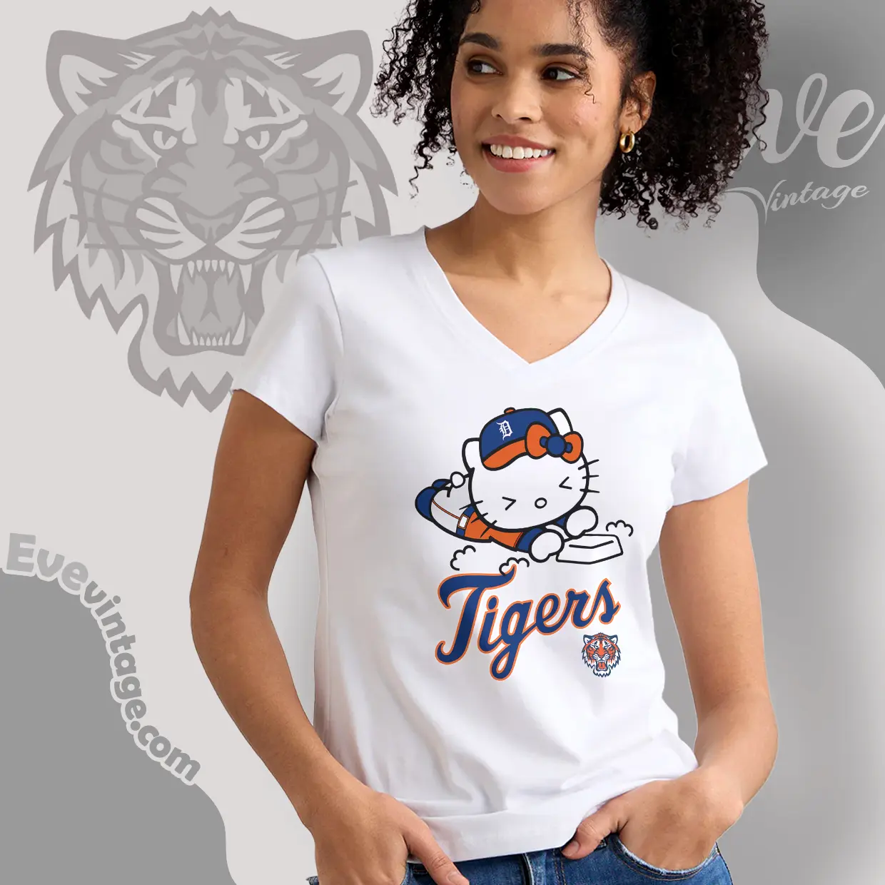 detroit tigers hello kitty sliding into home v neck tshirt detroit tigers hello kitty sliding into home v neck tshirt