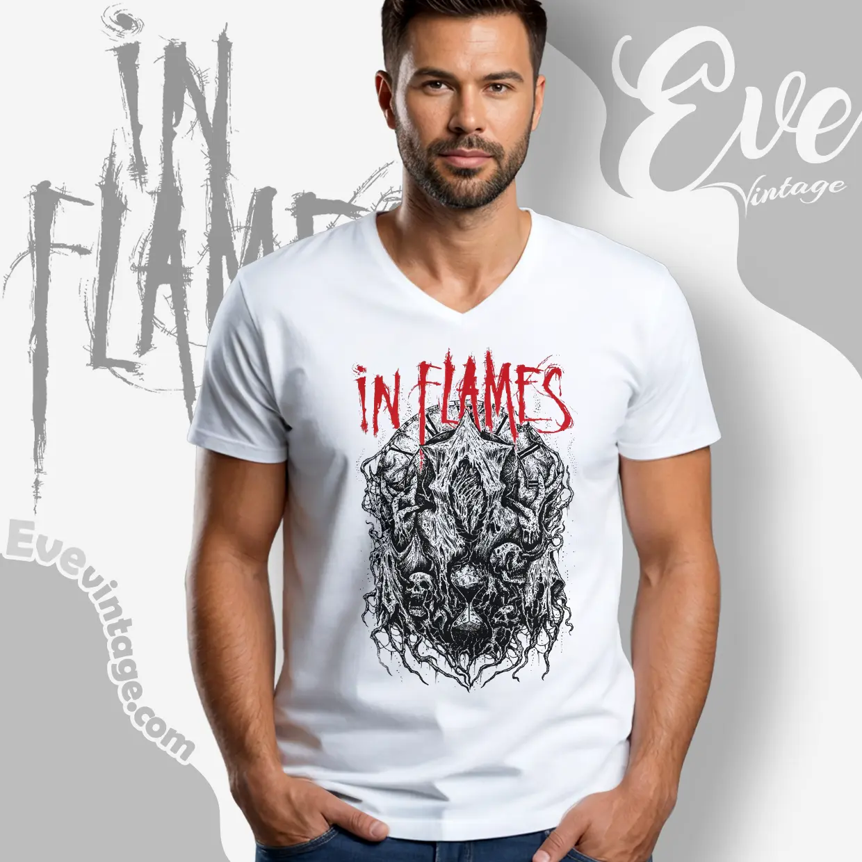 in flames burried time v neck tshirt in flames burried time v neck tshirt