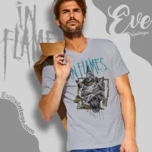 in flames clockwork skull v neck tshirt