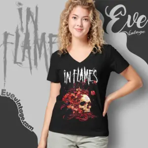 in flames skull vines v neck tshirt
