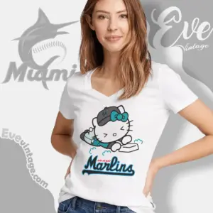 miami marlins hello kitty sliding into home v neck tshirt