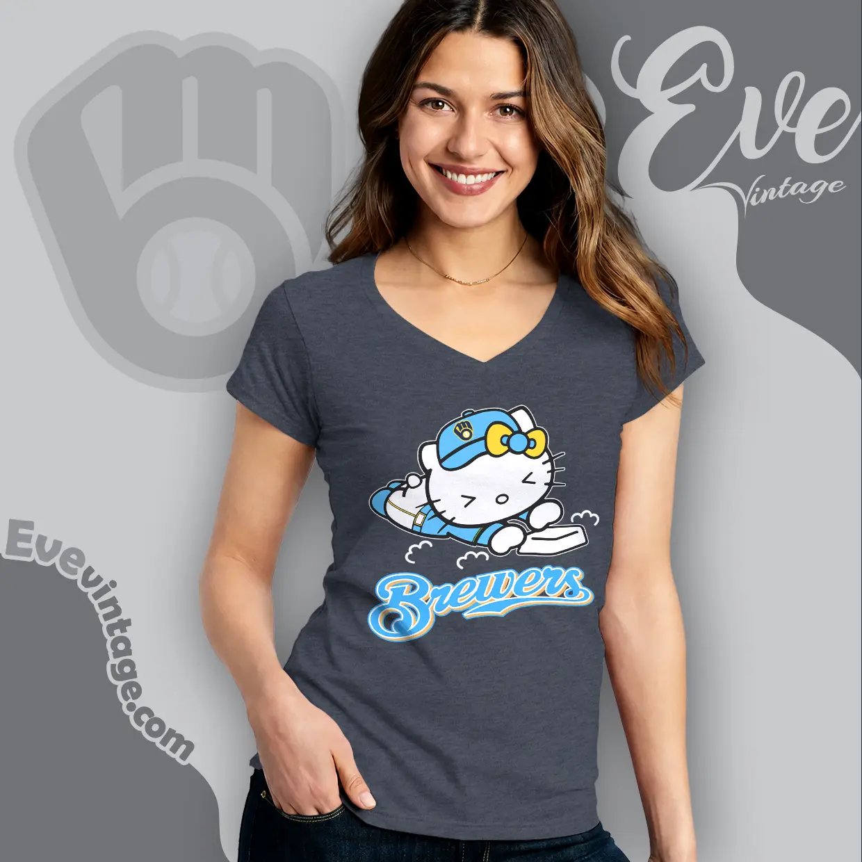 milwaukee brewers hello kitty sliding into home v neck tshirt milwaukee brewers hello kitty sliding into home v neck tshirt